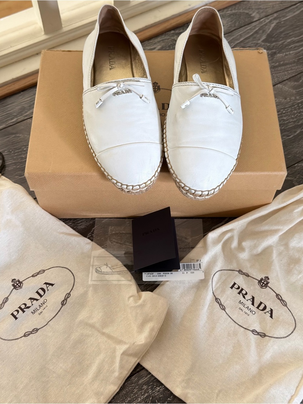 Prada Cream Leather Bow Espadrille Flats Size 37.5 /US 6.5